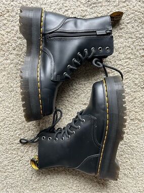 Dr. Martens Jadon Platform Black Leather Lug Sole Boots with Yellow Stitching